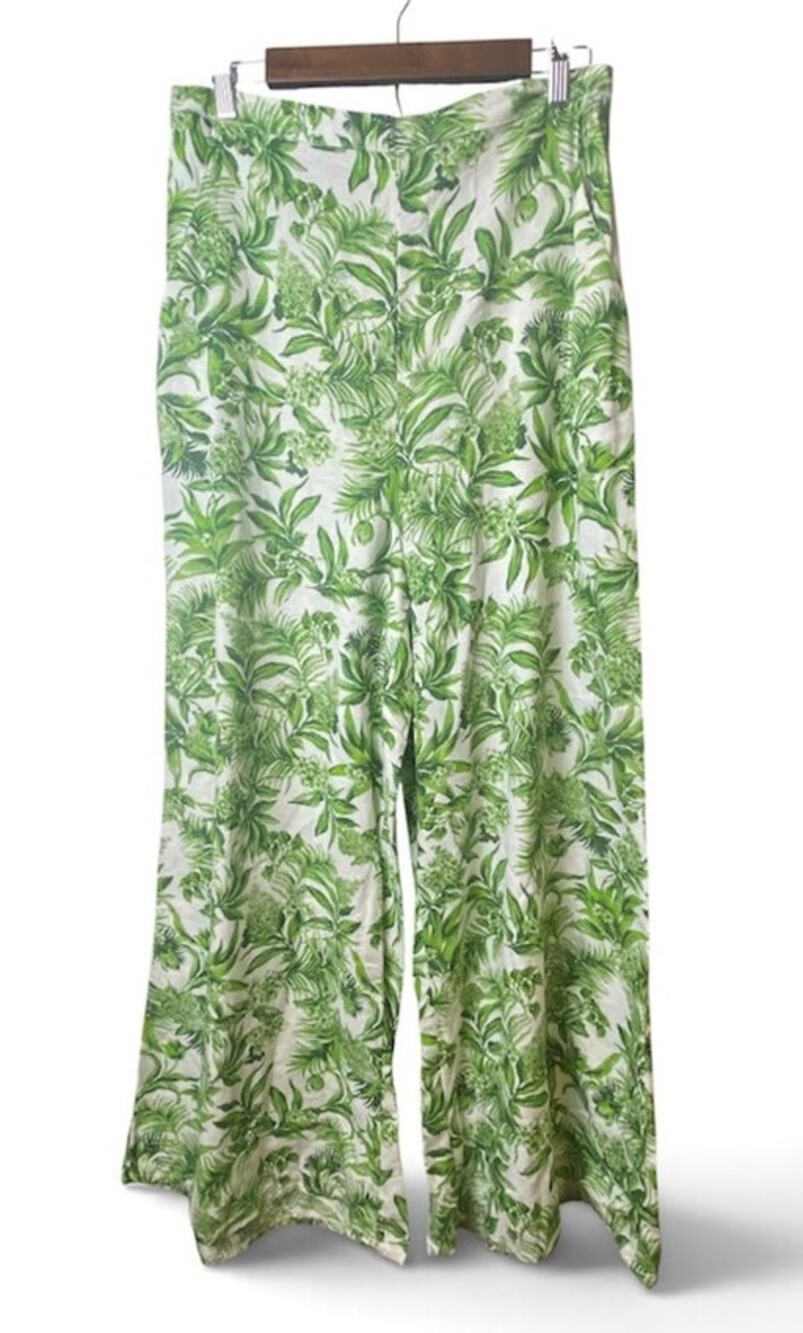 Tropical Greenery Print White Linen Blend Wide Leg Pull on Pants Women's Large